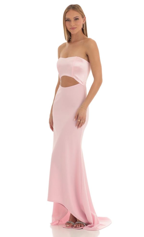 Satin Corset High Low Crepe Maxi Dress in Pink - Image 3