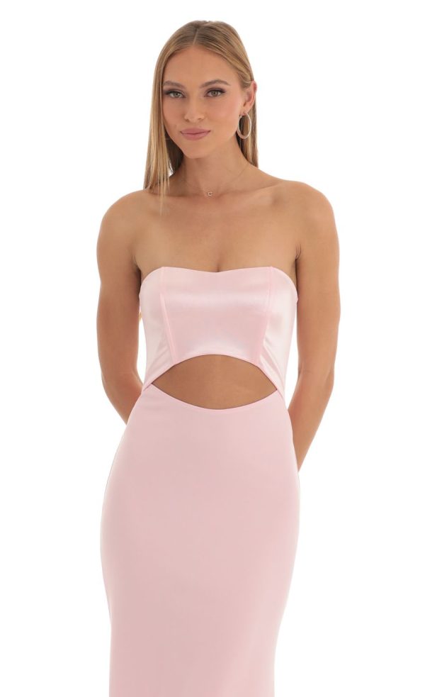 Satin Corset High Low Crepe Maxi Dress in Pink - Image 4