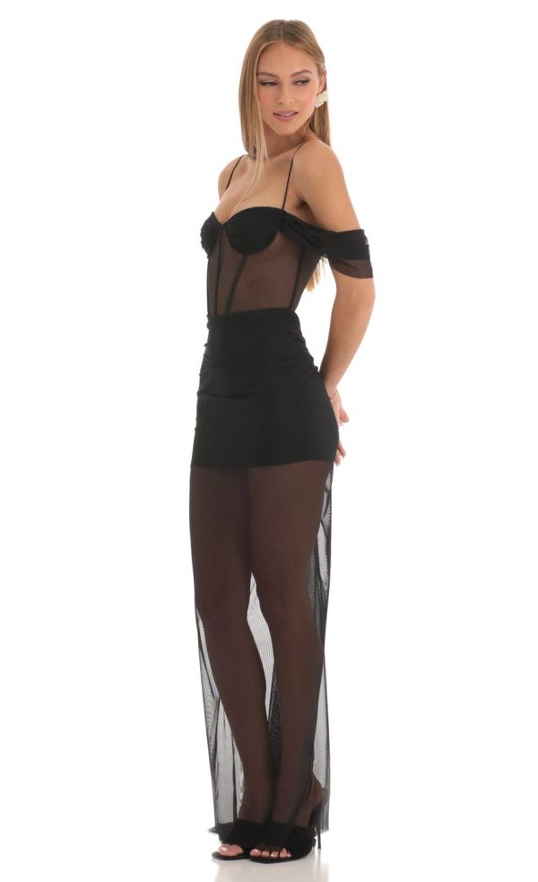Mesh Corset Maxi Dress in Black - Image 3