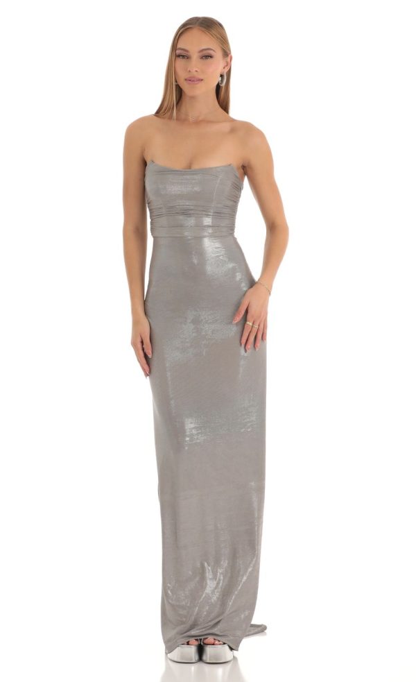 Metallic Corset Maxi Dress in Silver - Image 2