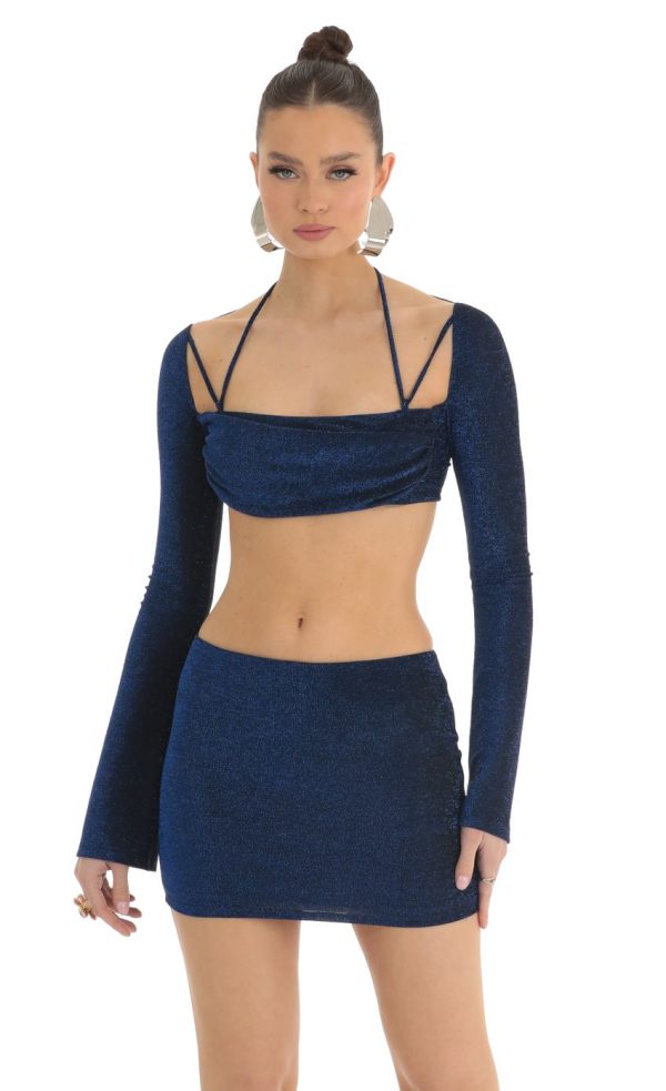 Blue Metallic Two Piece Skirt Set in Black