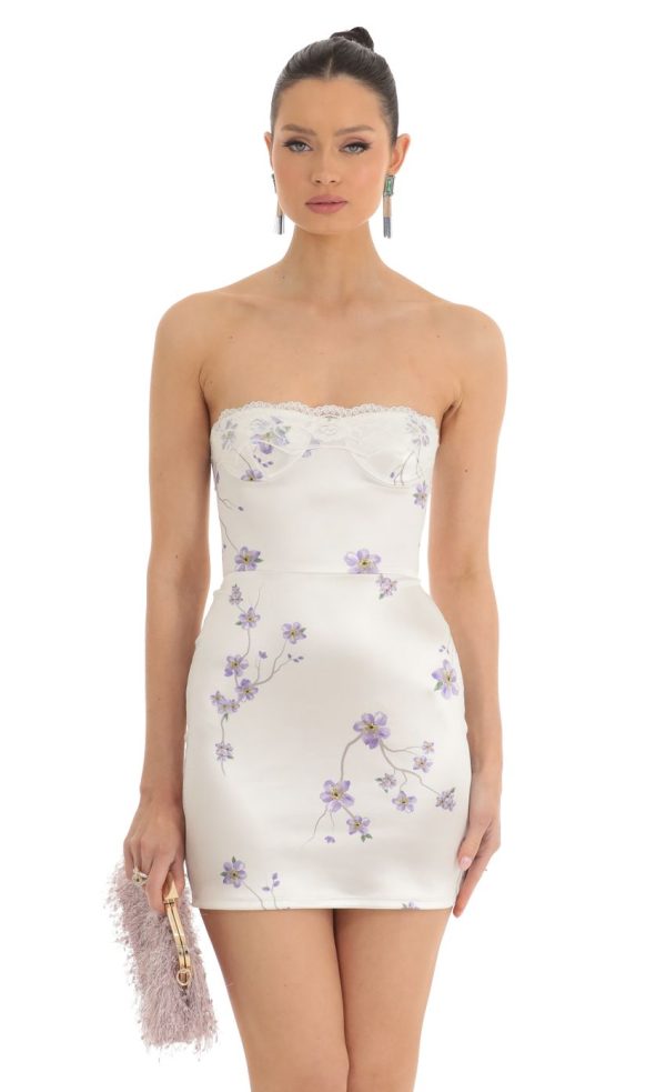 Satin Floral Lace Strapless Dress in White