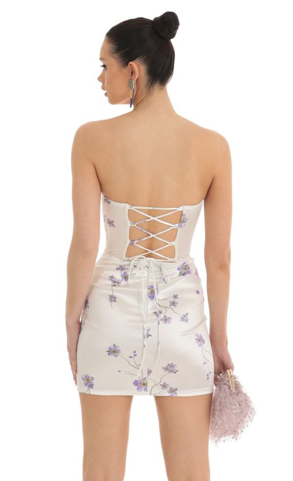 Satin Floral Lace Strapless Dress in White - Image 2