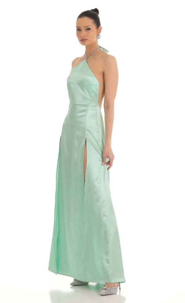 Rhinestone Halter Maxi Dress in Green - Image 3