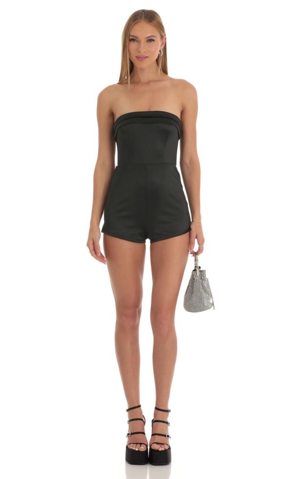 Satin Strapless Romper in Black