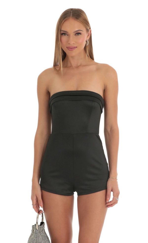 Satin Strapless Romper in Black - Image 4