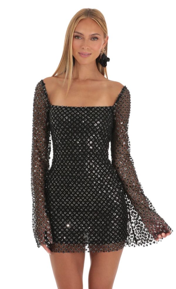 Sequin Floral Bell Sleeve Dress in Black - Image 4
