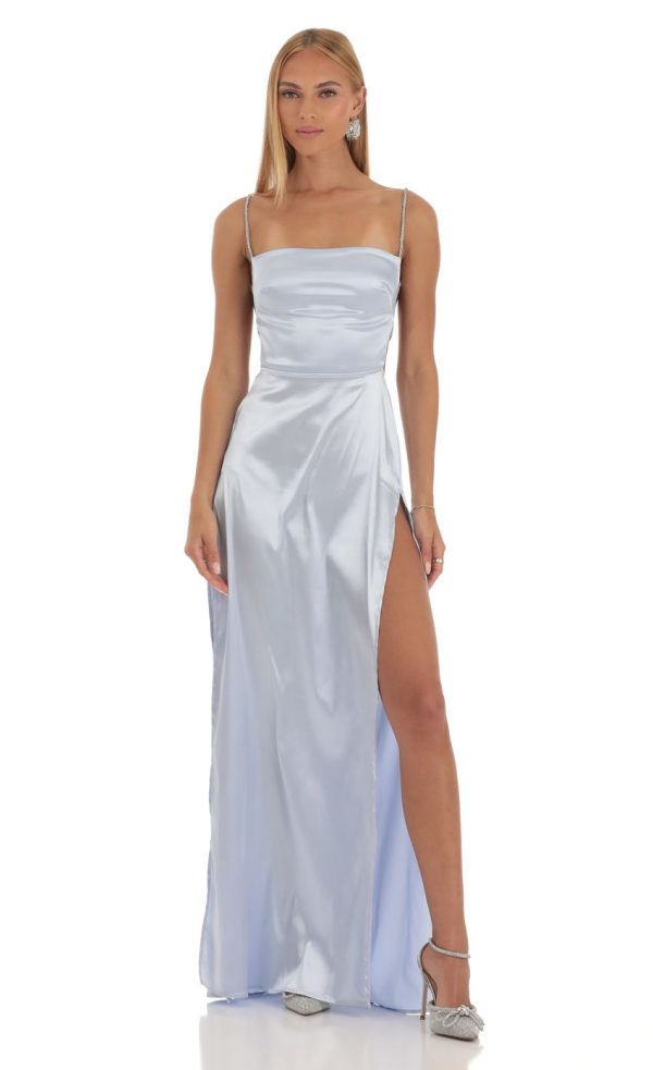 Rhinestone Satin Maxi Dress in Periwinkle