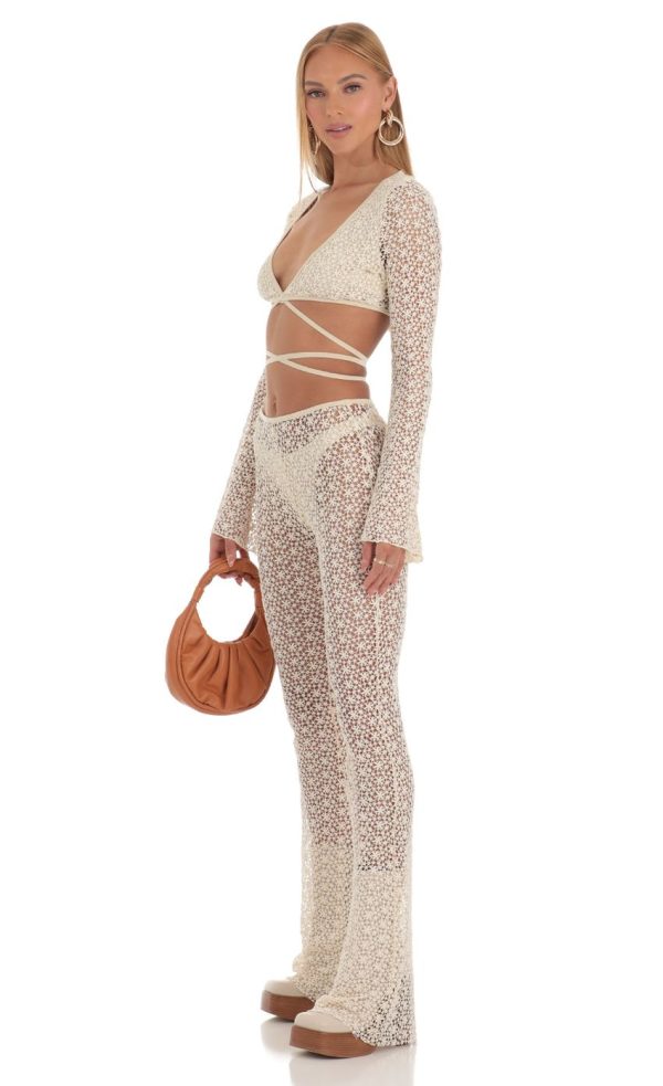 Embroidered Three Piece Pants Set in Ivory - Image 3