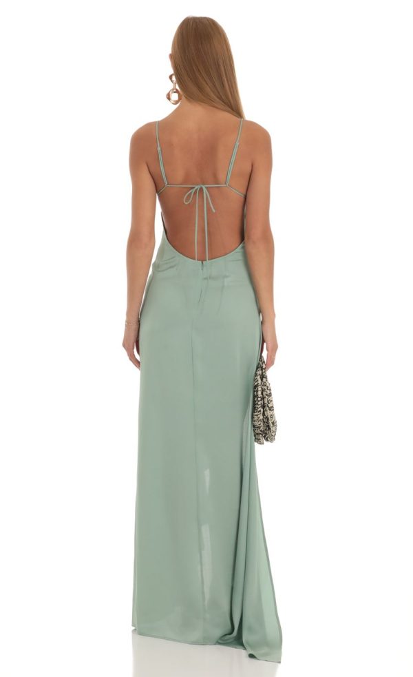 Satin Ruffle Maxi Dress in Sage - Image 3