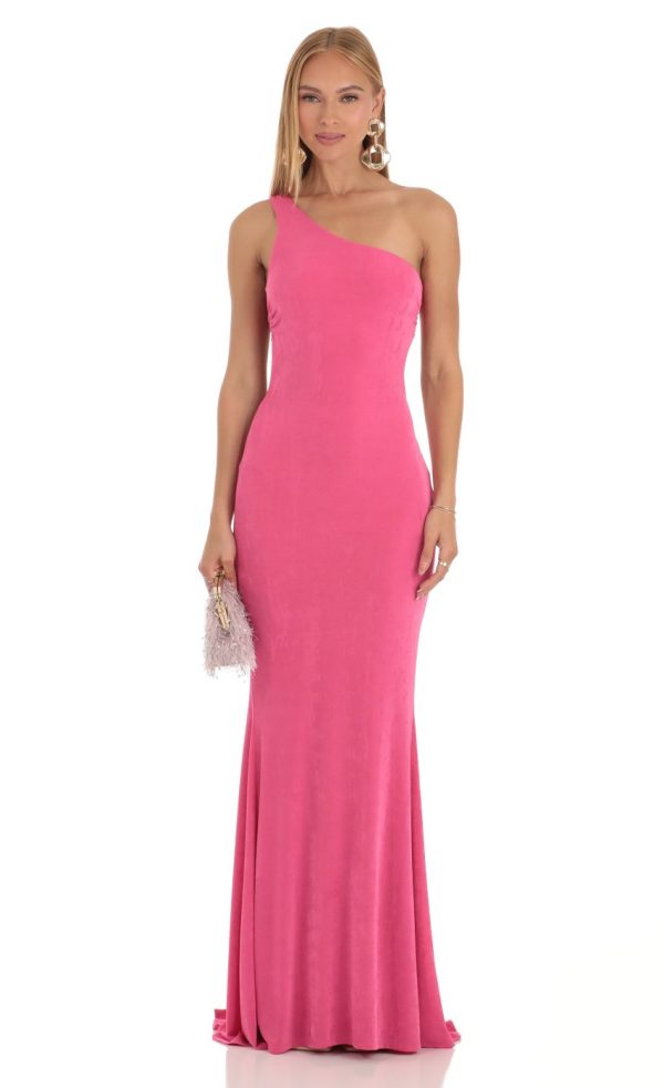 One Shoulder Maxi Dress in Pink