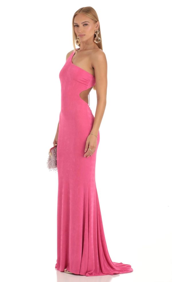 One Shoulder Maxi Dress in Pink - Image 3