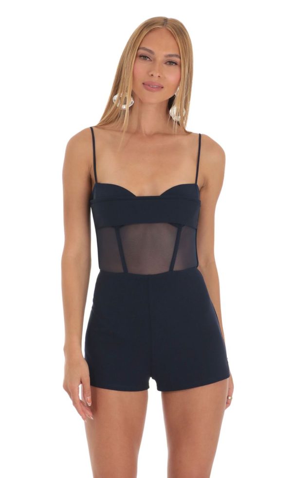 Mesh Corset Romper in Navy