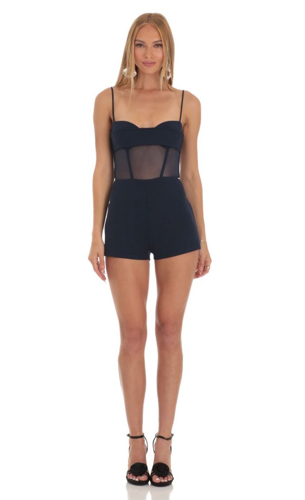 Mesh Corset Romper in Navy - Image 4