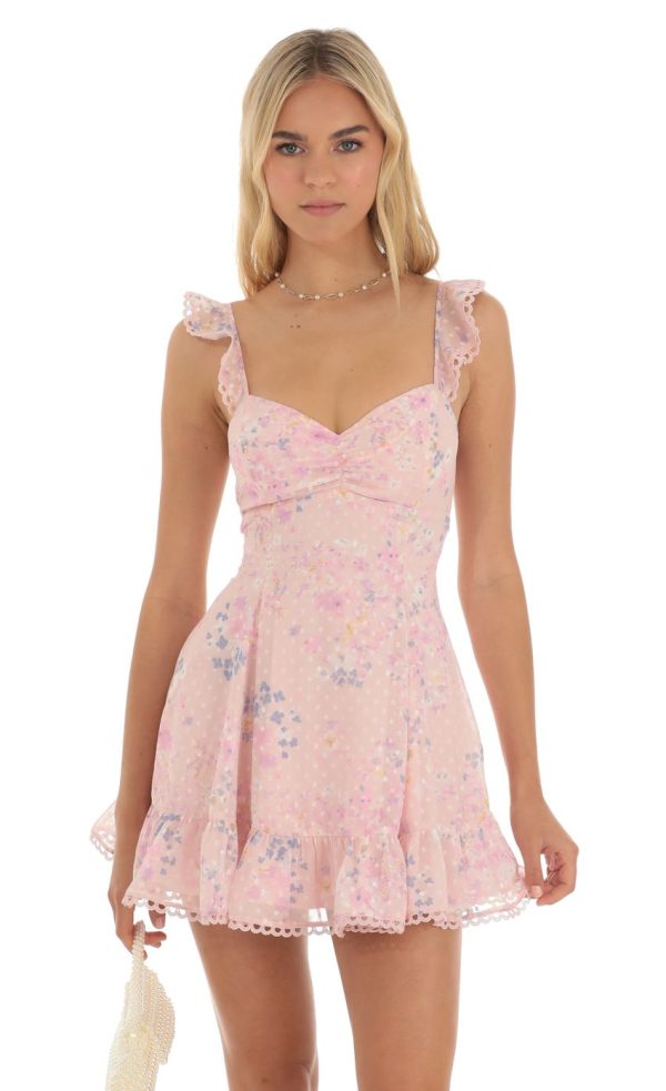 Floral Dotted A-Line Dress in Pink - Image 4