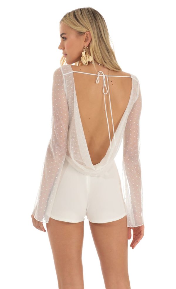 Mesh Dotted Open Back Romper in White