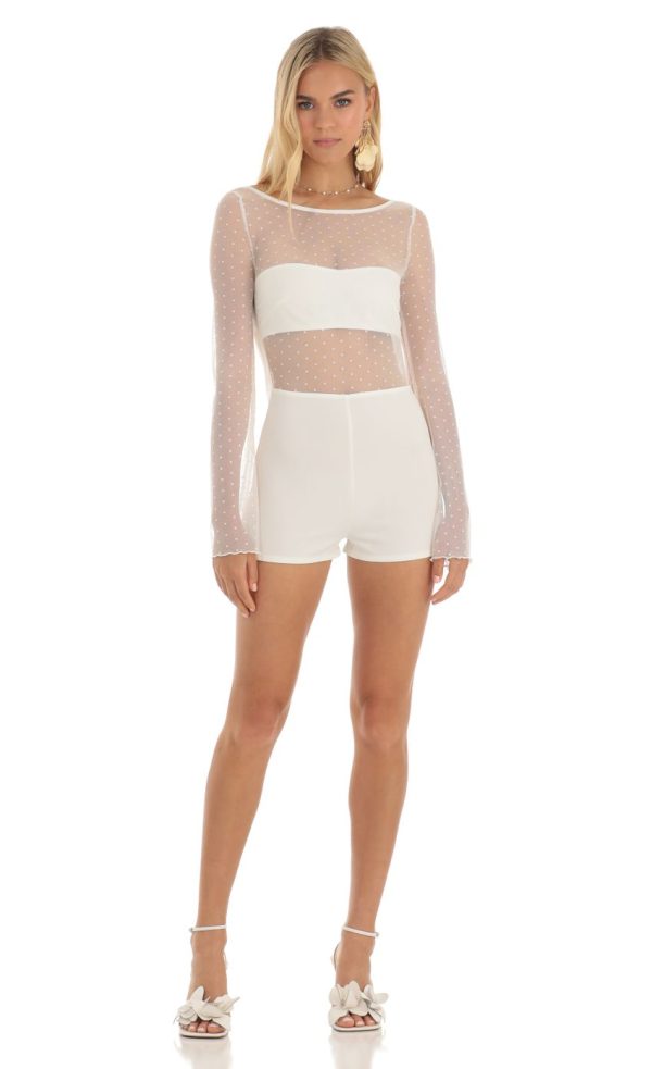 Mesh Dotted Open Back Romper in White - Image 2
