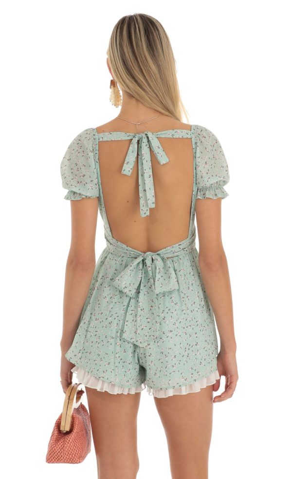 Floral Foiled Romper in Green - Image 2