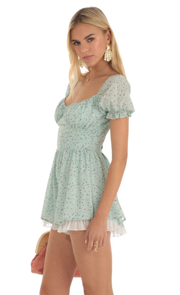 Floral Foiled Romper in Green - Image 3