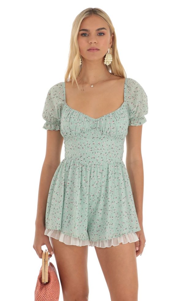 Floral Foiled Romper in Green - Image 4