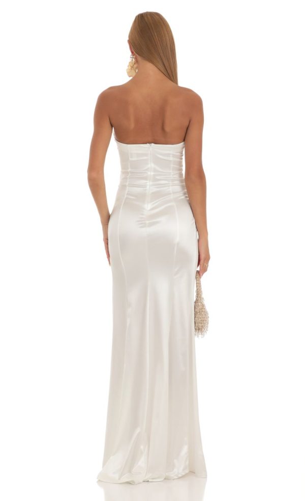 Strapless Satin Maxi Dress in White - Image 2