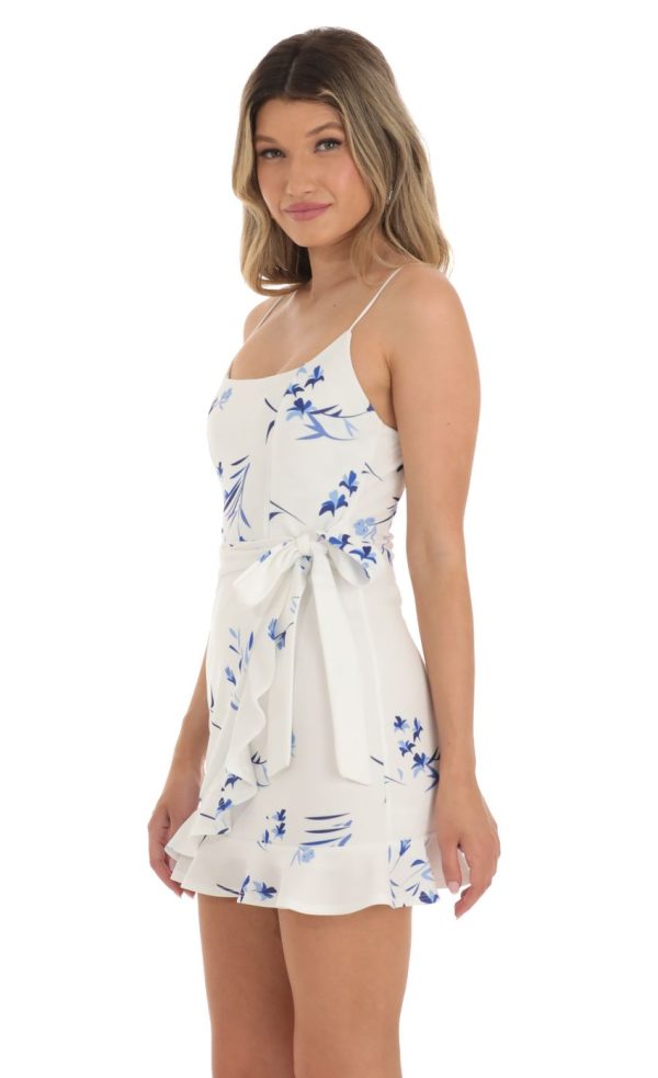 Ruffle Tie Dress in White Floral - Image 3