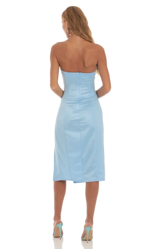 Satin Strapless Midi Dress in Blue - Image 2