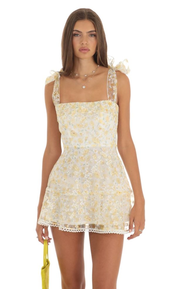 Shimmer Yellow Floral Mini Dress in White