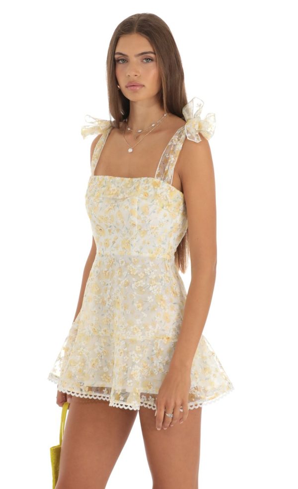 Shimmer Yellow Floral Mini Dress in White - Image 3