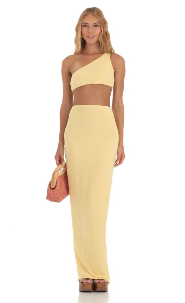 One Shoulder Two Piece Maxi Skirt Set in Yellow - Image 2