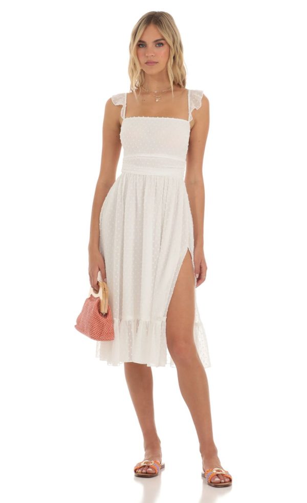 Dotted Chiffon Midi Dress in White