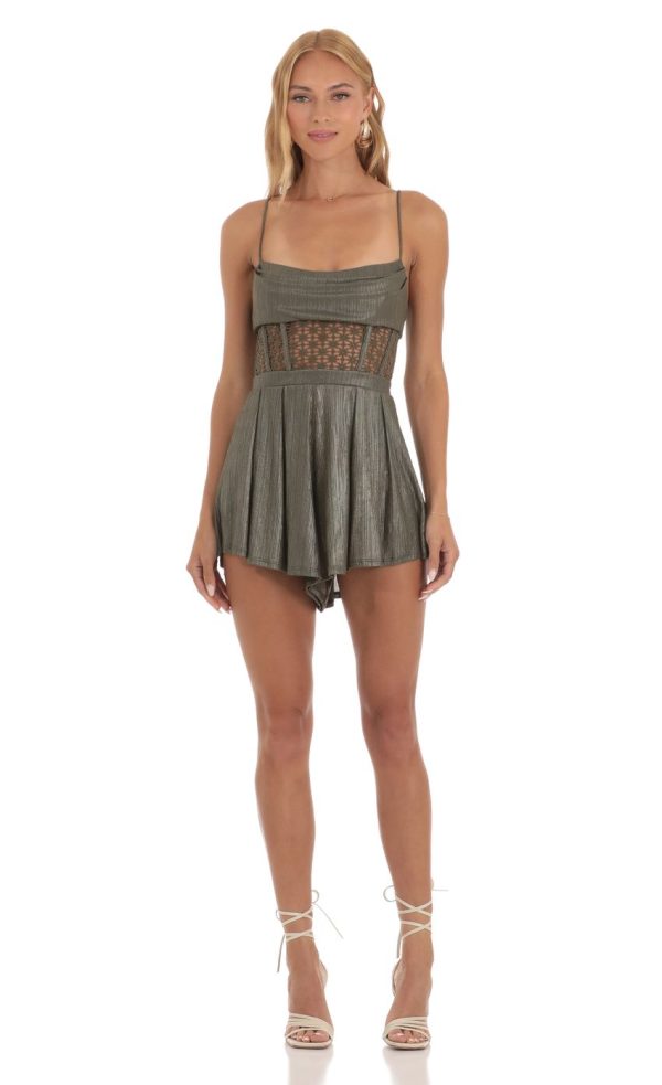 Shimmer Embroidered Corset Romper in Olive Green