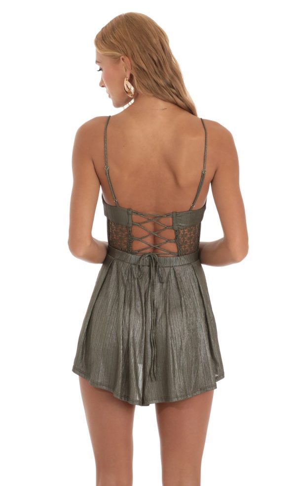 Shimmer Embroidered Corset Romper in Olive Green - Image 2
