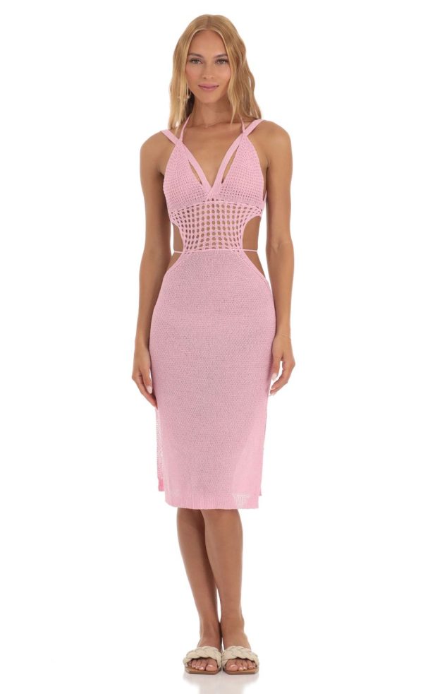Ixora Crochet Cutout Midi Dress in Pink