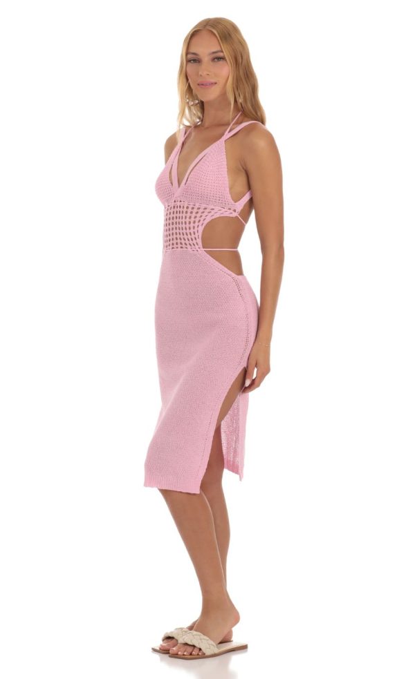 Ixora Crochet Cutout Midi Dress in Pink - Image 3