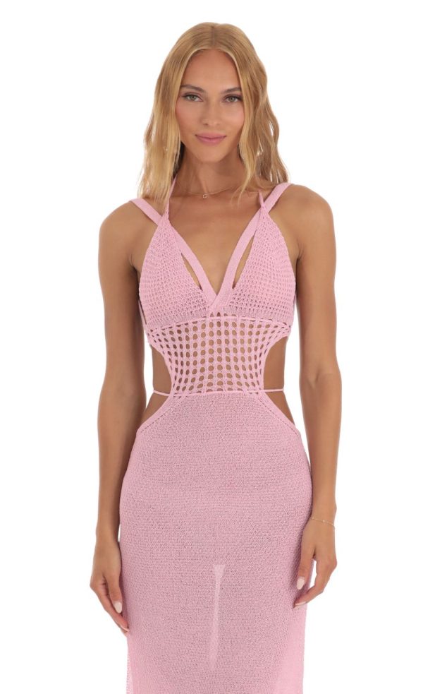 Ixora Crochet Cutout Midi Dress in Pink - Image 4