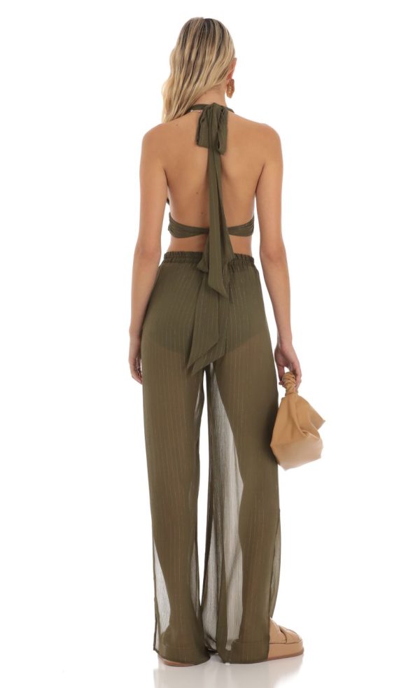 Gold Striped Three Piece Set in Olive Green - Image 2
