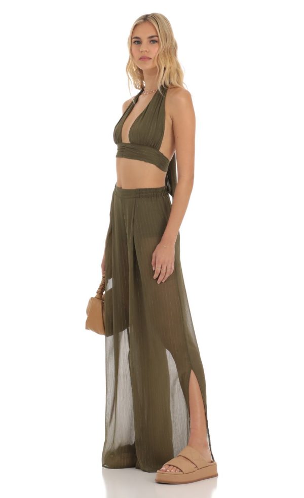 Gold Striped Three Piece Set in Olive Green - Image 3