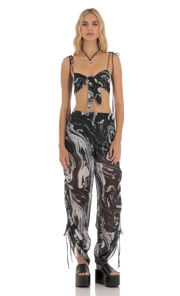 Ruched Pant Set in Black Swirl