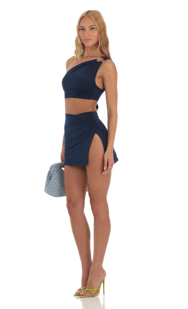 One Shoulder Two Piece Set in Navy - Image 3