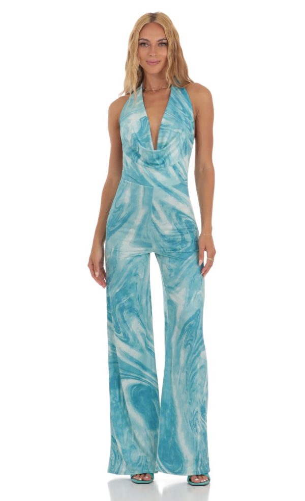 Drape Open Back Jumpsuit in Blue Swirl - Image 2