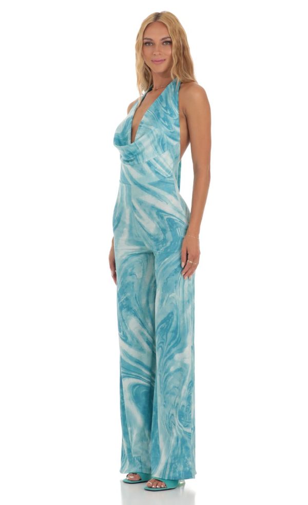 Drape Open Back Jumpsuit in Blue Swirl - Image 3