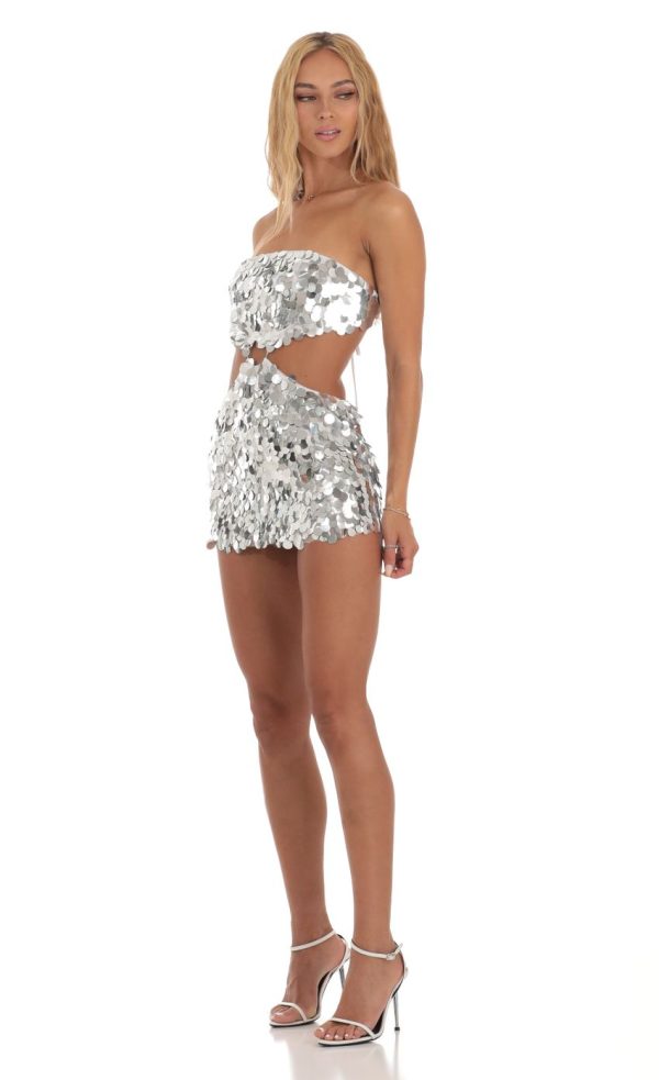 Silver Sequin Cutout Dress in White - Image 4
