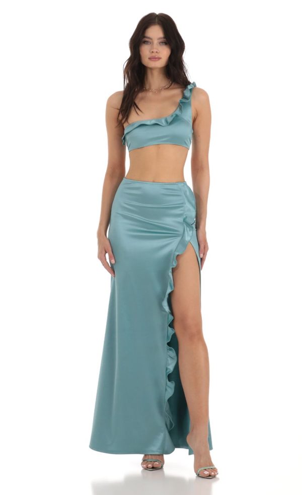 Satin Ruffle Two Piece Set in Blue