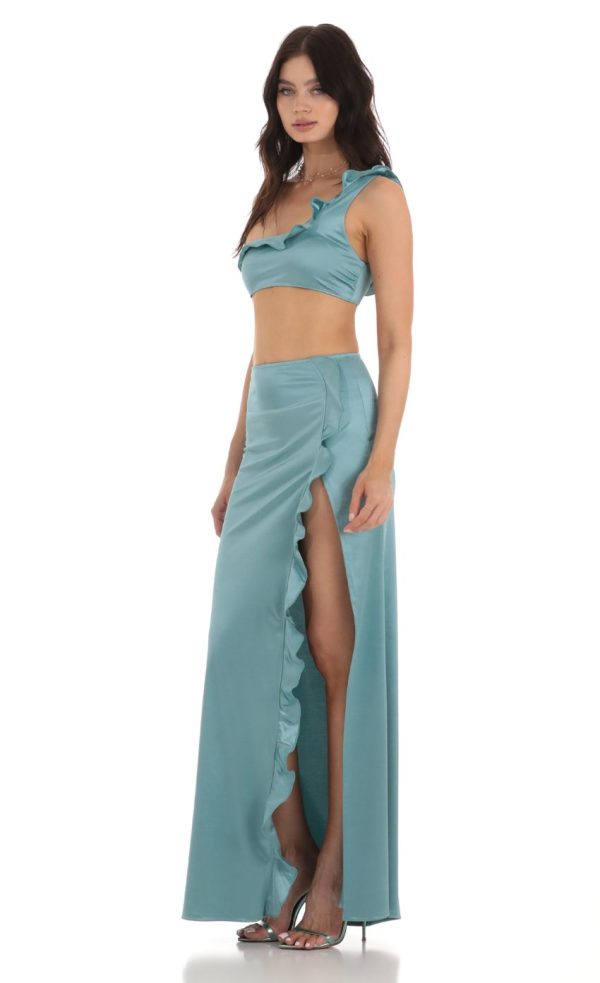 Satin Ruffle Two Piece Set in Blue - Image 3