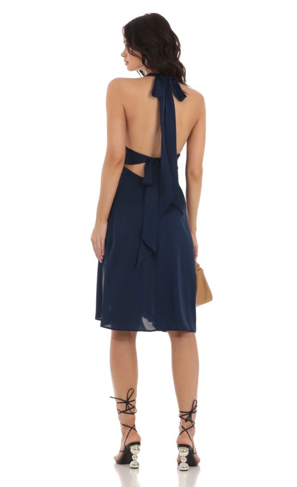 Satin Ruffle Slit Dress in Navy - Image 2