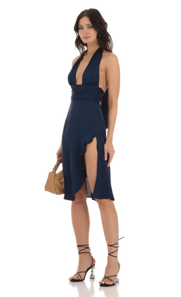 Satin Ruffle Slit Dress in Navy - Image 3