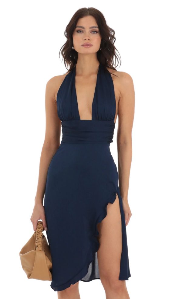 Satin Ruffle Slit Dress in Navy - Image 4
