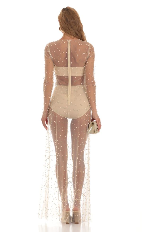 Pearl Mesh Dress in Beige - Image 2