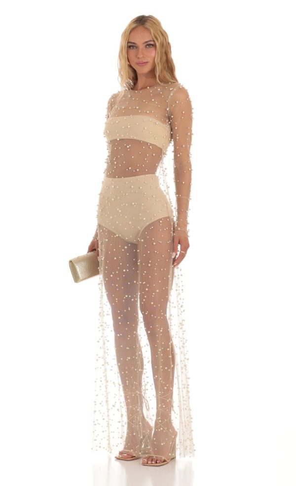 Pearl Mesh Dress in Beige - Image 3